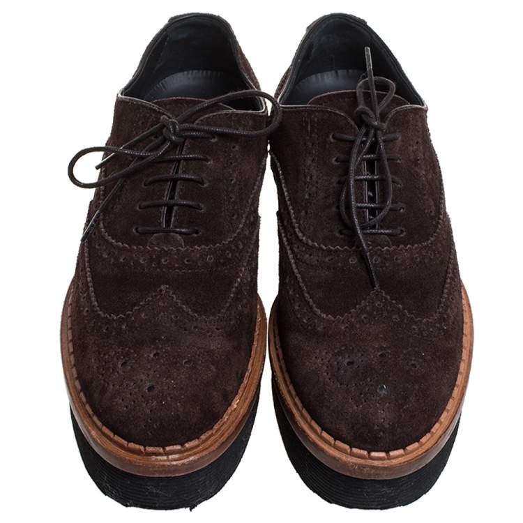 Pre Owned Tod's Brown Brogue Suede Leather Platform Lace Up Oxfords Size 35