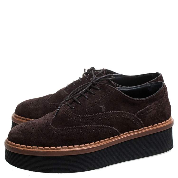 Pre Owned Tod's Brown Brogue Suede Leather Platform Lace Up Oxfords Size 35