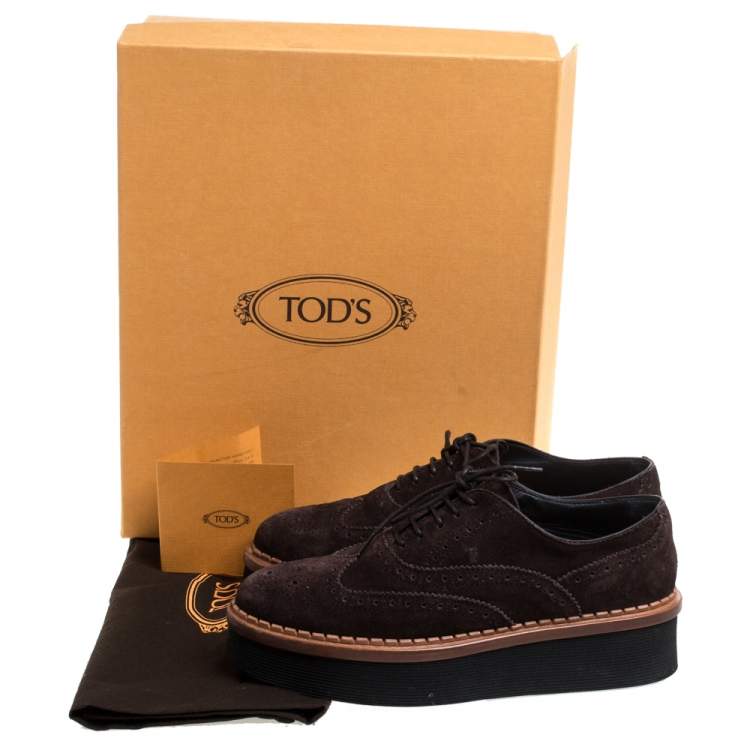 Pre Owned Tod's Brown Brogue Suede Leather Platform Lace Up Oxfords Size 35