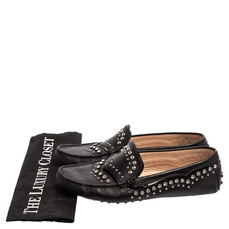 Pre Owned Tod's Black Leather Crystal Embellished Gommino Loafers Size 39