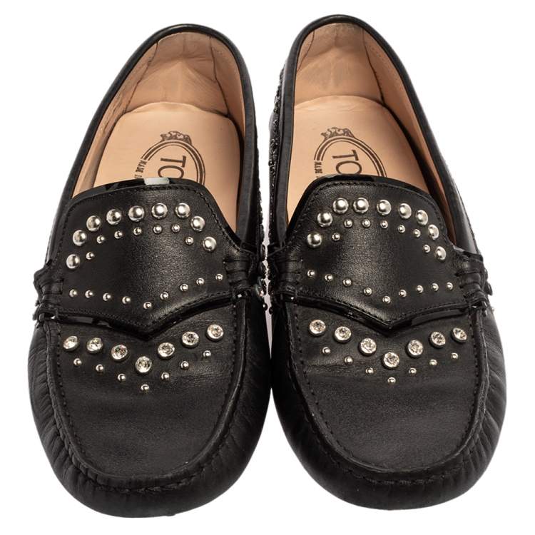 Pre Owned Tod's Black Leather Crystal Embellished Gommino Loafers Size 39