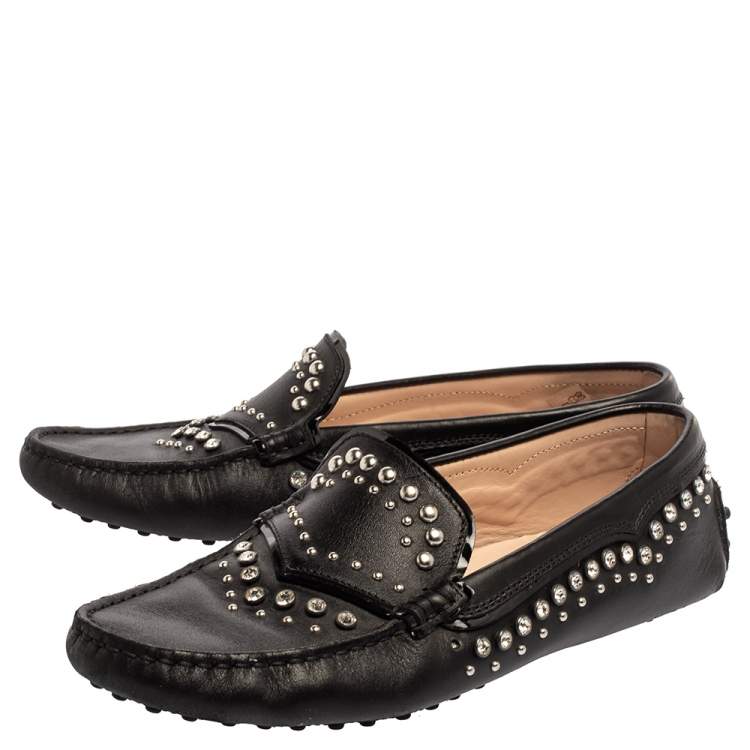 Pre Owned Tod's Black Leather Crystal Embellished Gommino Loafers Size 39