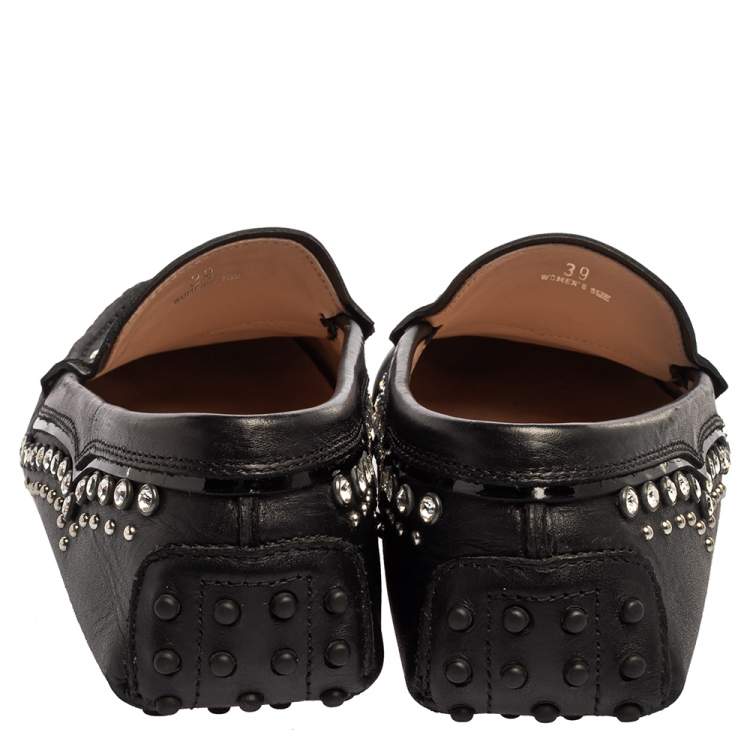 Pre Owned Tod's Black Leather Crystal Embellished Gommino Loafers Size 39