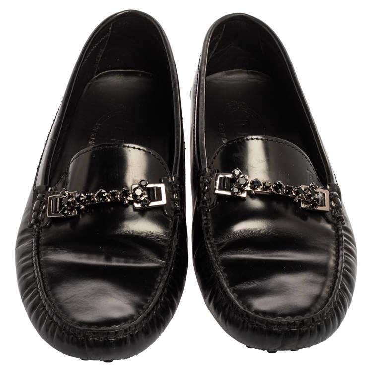 Pre Owned Tod's Black Leather Crystal Embellished Gommino Loafers Size 39