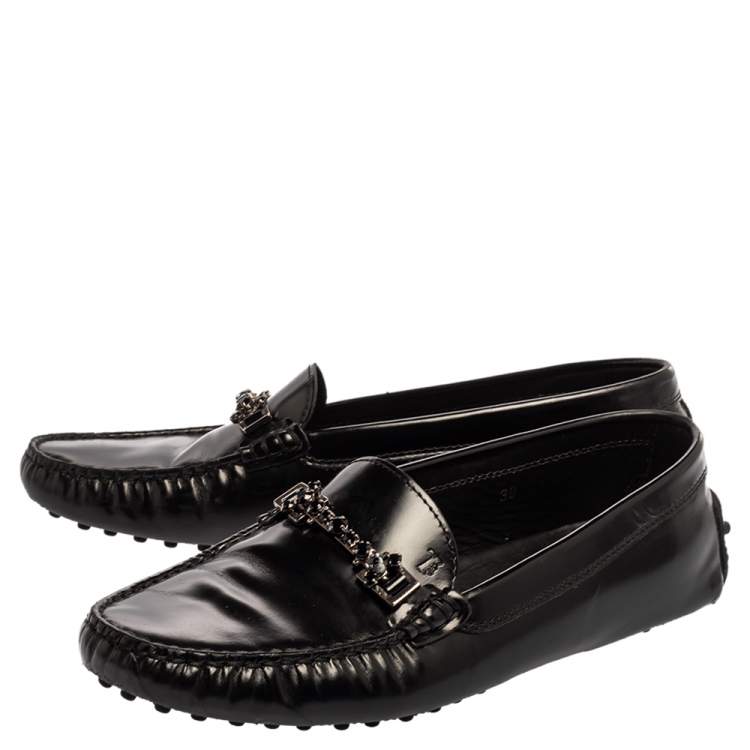 Pre Owned Tod's Black Leather Crystal Embellished Gommino Loafers Size 39