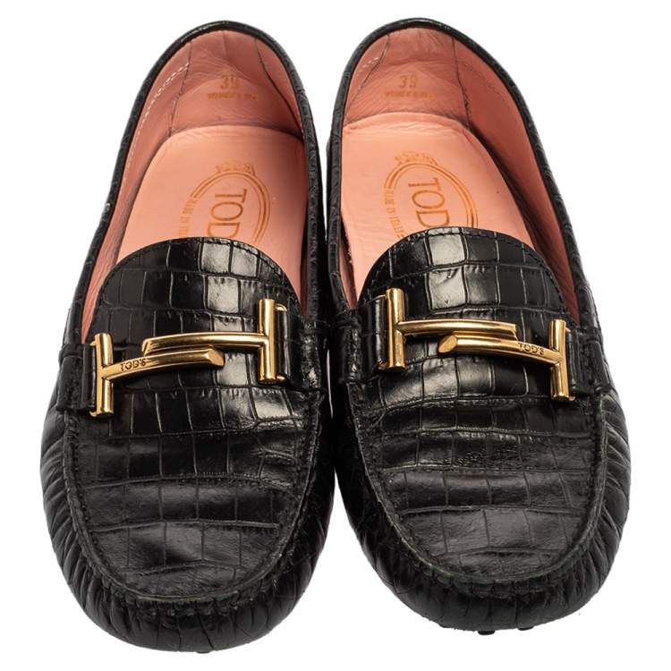 Pre Owned Tod's Black Croc Embossed Leather Gommino Double T Buckle Driver Loafers Size 39