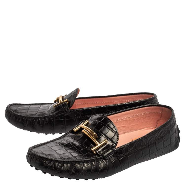Pre Owned Tod's Black Croc Embossed Leather Gommino Double T Buckle Driver Loafers Size 39