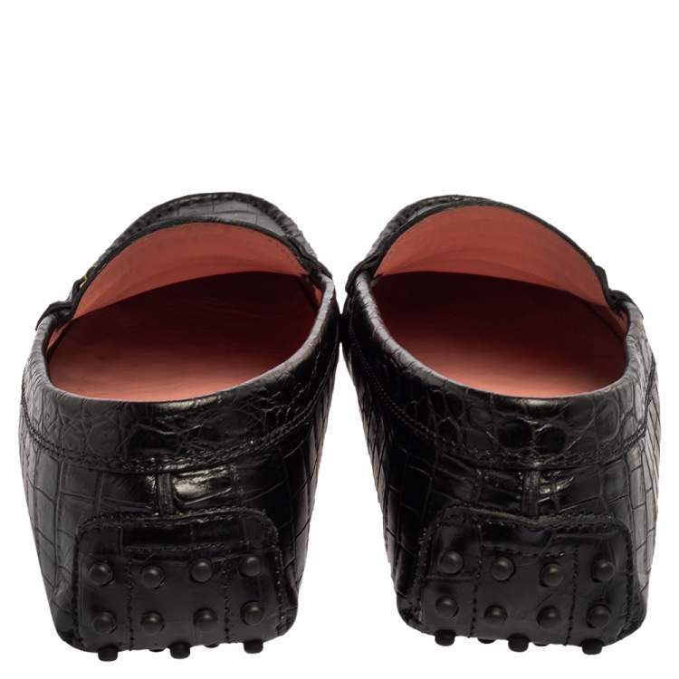 Pre Owned Tod's Black Croc Embossed Leather Gommino Double T Buckle Driver Loafers Size 39