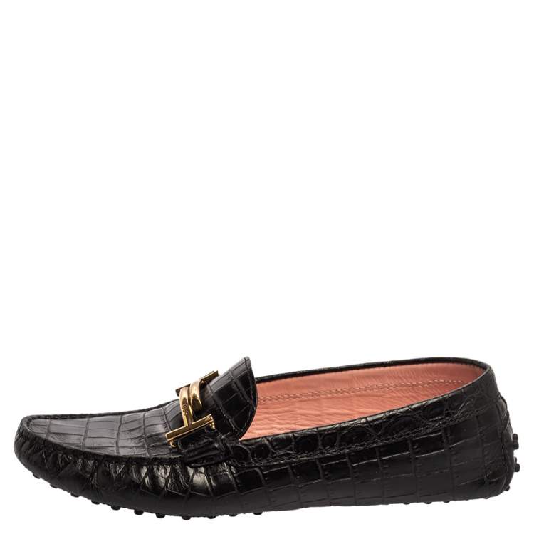 Pre Owned Tod's Black Croc Embossed Leather Gommino Double T Buckle Driver Loafers Size 39