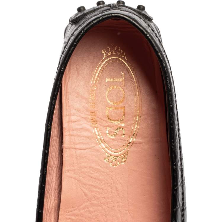 Pre Owned Tod's Black Croc Embossed Leather Gommino Double T Buckle Driver Loafers Size 39