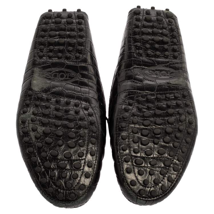 Pre Owned Tod's Black Croc Embossed Leather Gommino Double T Buckle Driver Loafers Size 39