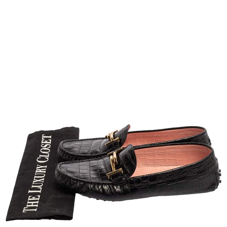 Pre Owned Tod's Black Croc Embossed Leather Gommino Double T Buckle Driver Loafers Size 39