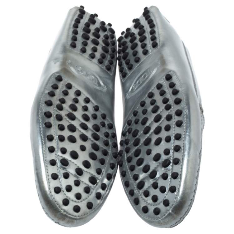 Pre Owned Tod's Silver Metallic Leather Penny Loafers Size 39