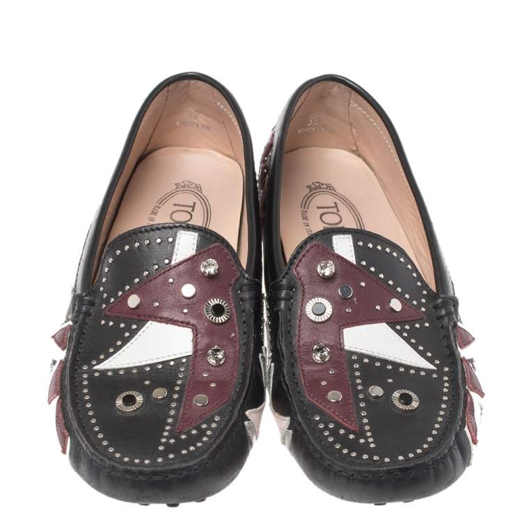 Pre Owned Tod's Black Leather Patchwork Embellished Loafers Size 39