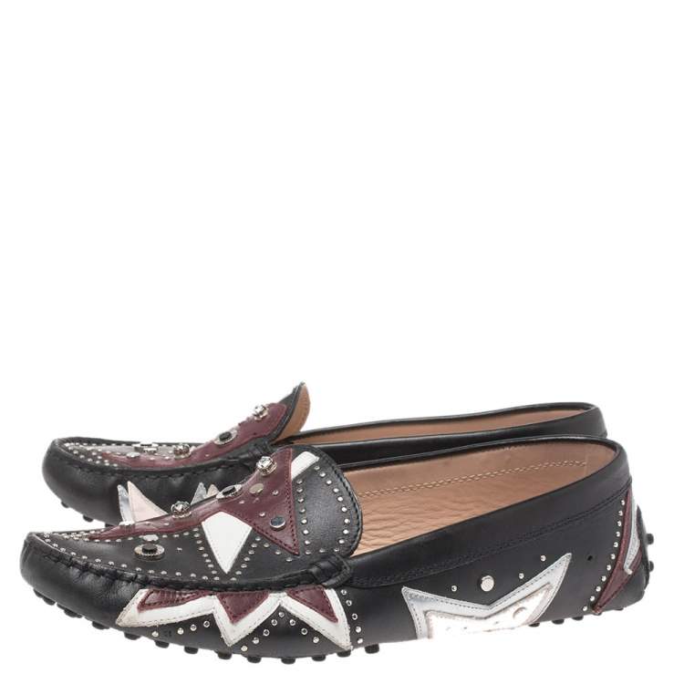 Pre Owned Tod's Black Leather Patchwork Embellished Loafers Size 39