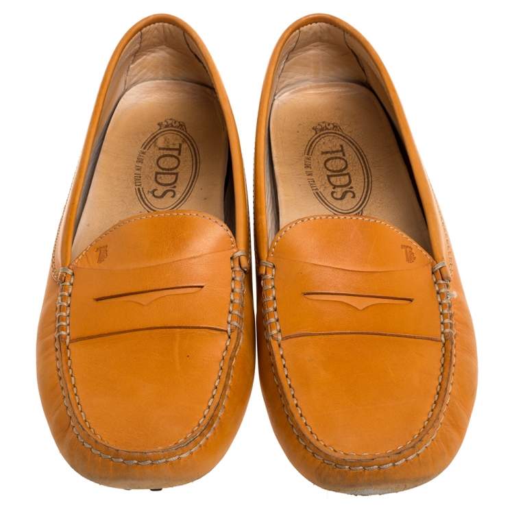 Pre Owned Tod's Orange Leather Penny Slip On Loafers Size 39