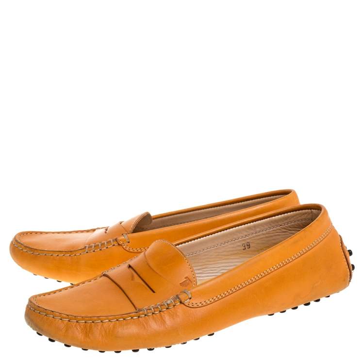 Pre Owned Tod's Orange Leather Penny Slip On Loafers Size 39