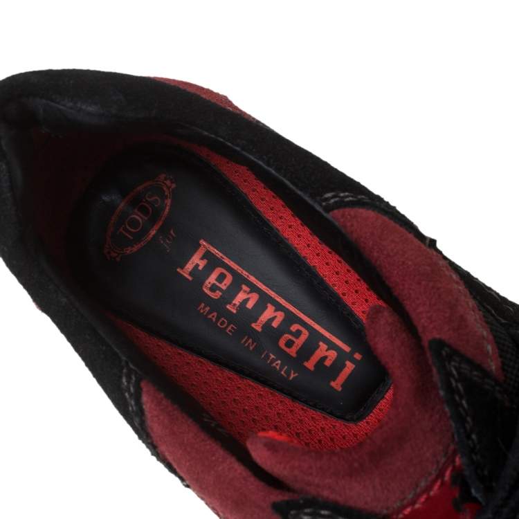 Pre Owned Tod's Black/Red Suede And Fabric Velcro Strap Sneakers Size 40.5