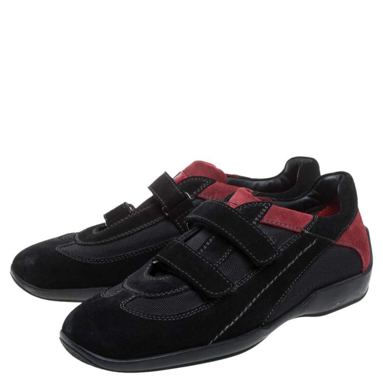 Pre Owned Tod's Black/Red Suede And Fabric Velcro Strap Sneakers Size 40.5