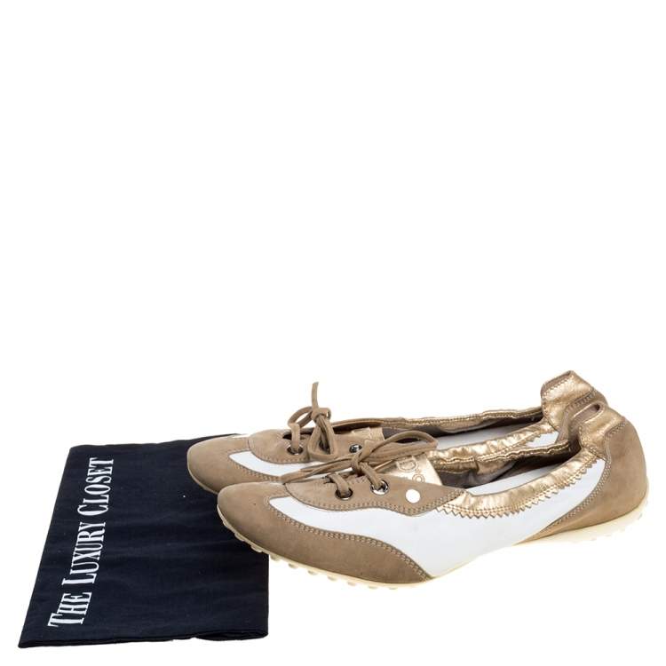 Pre Owned Tod's White/Gold Leather and Suede Gomma Lace Slip On Sneakers Size 40