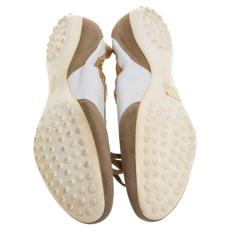 Pre Owned Tod's White/Gold Leather and Suede Gomma Lace Slip On Sneakers Size 40
