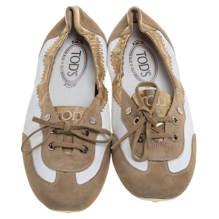 Pre Owned Tod's White/Gold Leather and Suede Gomma Lace Slip On Sneakers Size 40