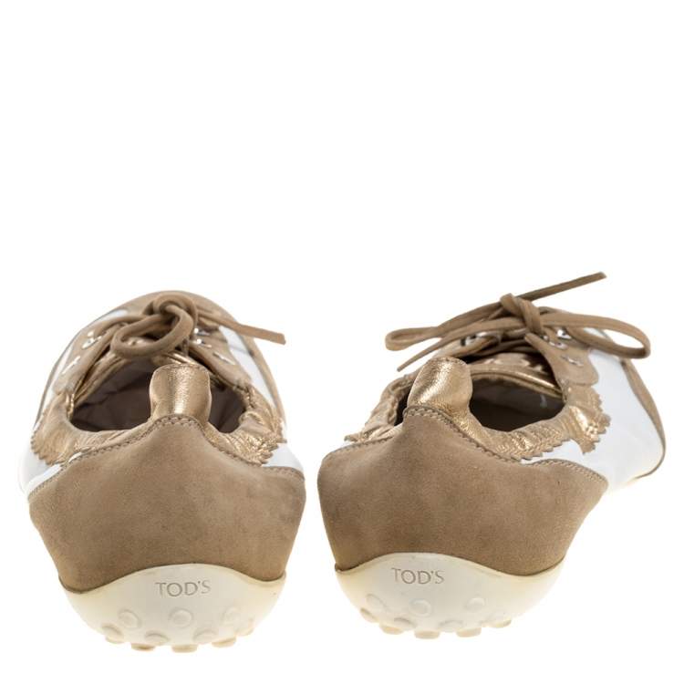 Pre Owned Tod's White/Gold Leather and Suede Gomma Lace Slip On Sneakers Size 40