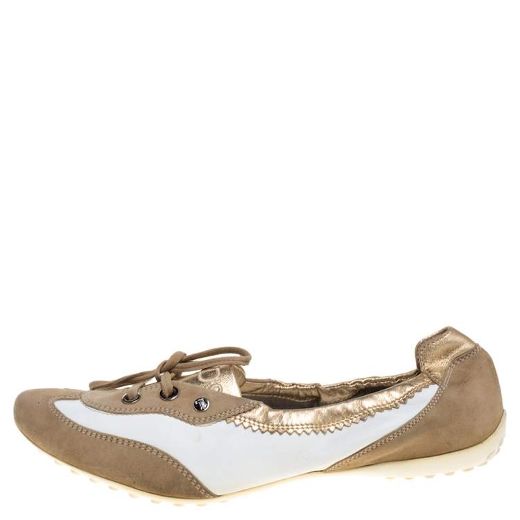 Pre Owned Tod's White/Gold Leather and Suede Gomma Lace Slip On Sneakers Size 40