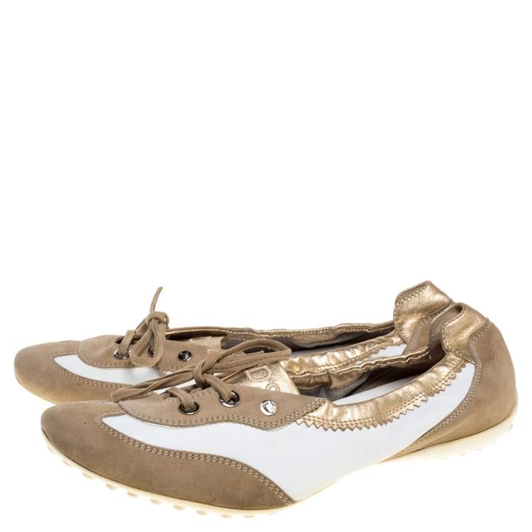 Pre Owned Tod's White/Gold Leather and Suede Gomma Lace Slip On Sneakers Size 40