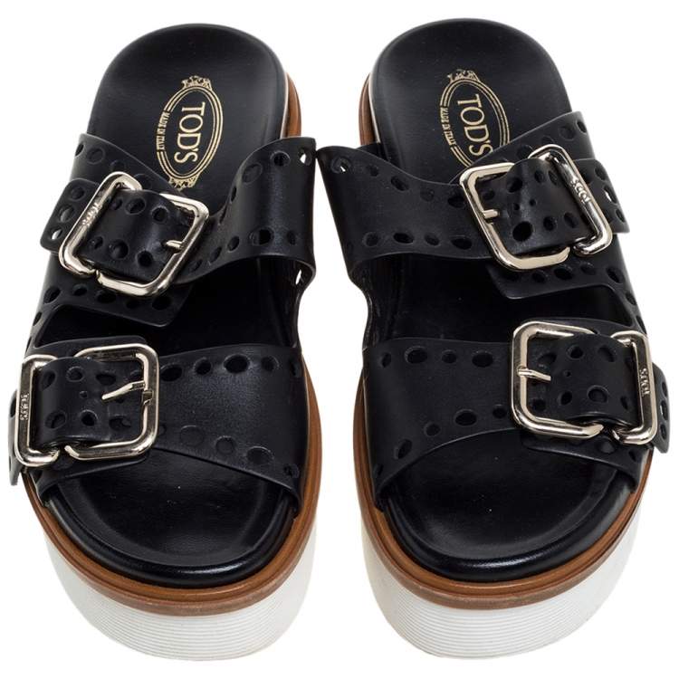 Pre Owned Tod's Black Perforated Leather Buckled Platform Sandals Size 38.5