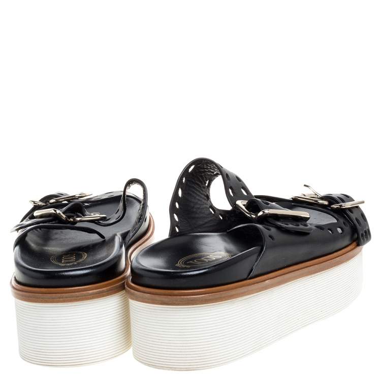 Pre Owned Tod's Black Perforated Leather Buckled Platform Sandals Size 38.5
