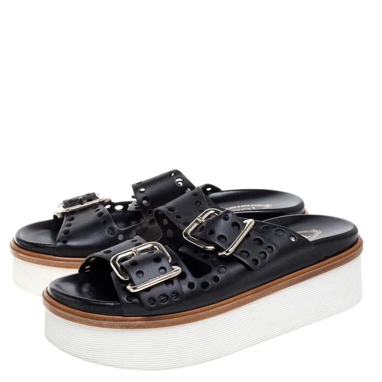 Pre Owned Tod's Black Perforated Leather Buckled Platform Sandals Size 38.5
