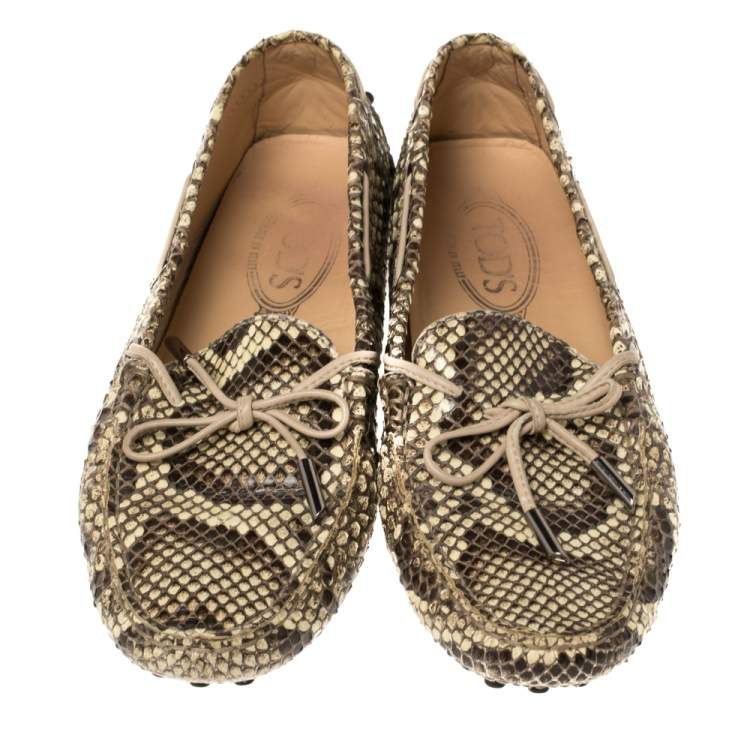 Pre Owned Tod's Brown/Cream Python Gommino Slip On Loafers Size 38