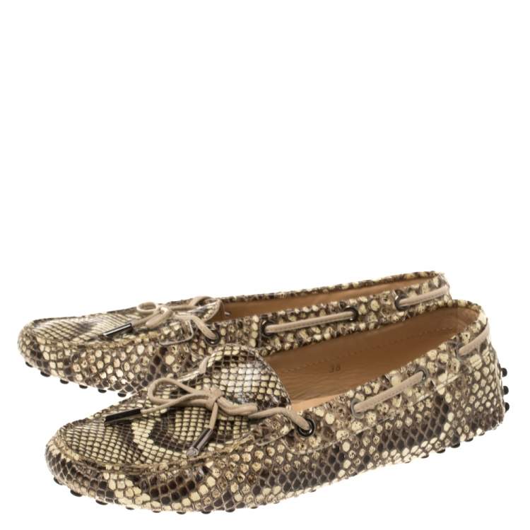 Pre Owned Tod's Brown/Cream Python Gommino Slip On Loafers Size 38