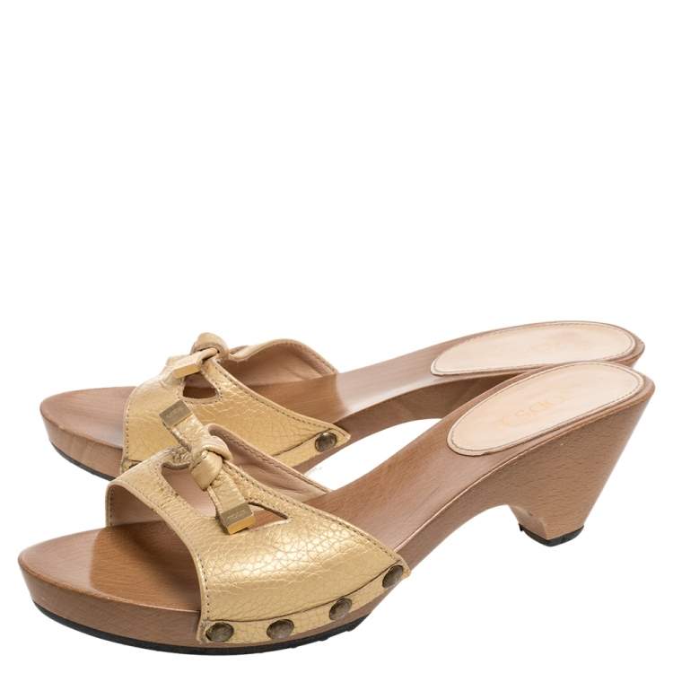 Pre Owned Tod's Gold Leather Knotted Bow Platform Slide Sandals Size 38