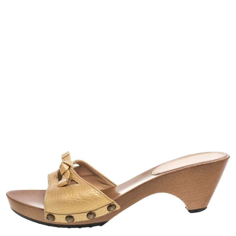 Pre Owned Tod's Gold Leather Knotted Bow Platform Slide Sandals Size 38
