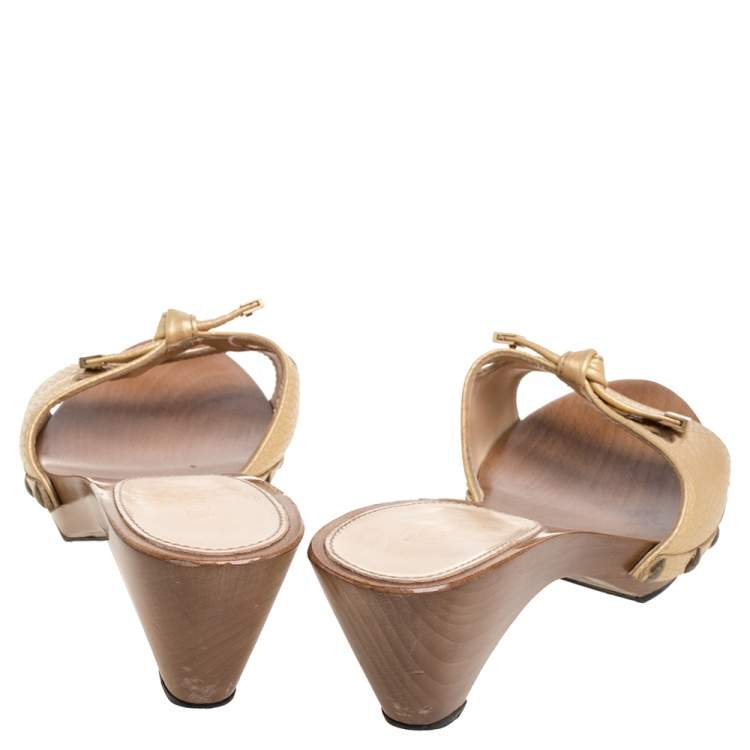 Pre Owned Tod's Gold Leather Knotted Bow Platform Slide Sandals Size 38