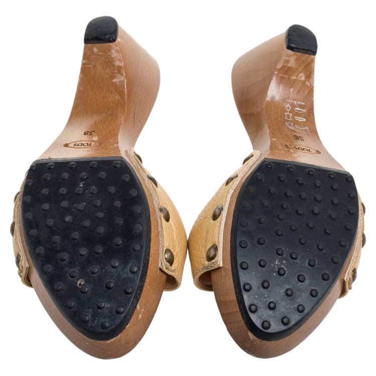 Pre Owned Tod's Gold Leather Knotted Bow Platform Slide Sandals Size 38