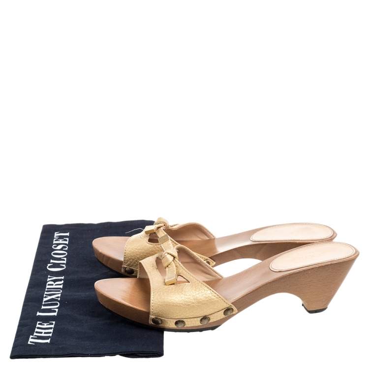 Pre Owned Tod's Gold Leather Knotted Bow Platform Slide Sandals Size 38
