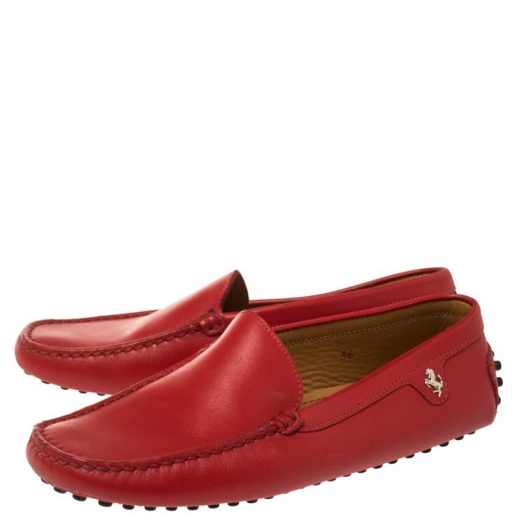 Pre Owned Tod's For Ferrari Red Leather Slip On Loafers Size 36