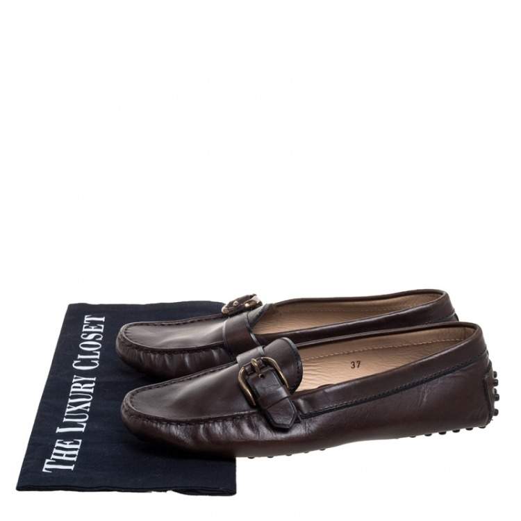 Pre Owned Tod's Dark Brown Leather Buckle Loafers Size 37