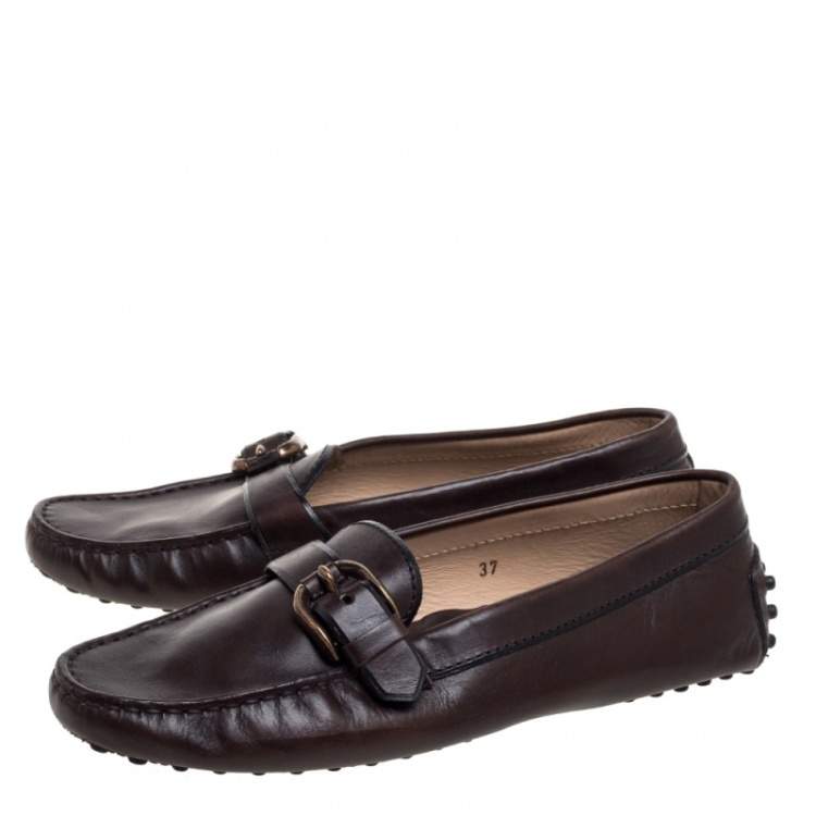 Pre Owned Tod's Dark Brown Leather Buckle Loafers Size 37