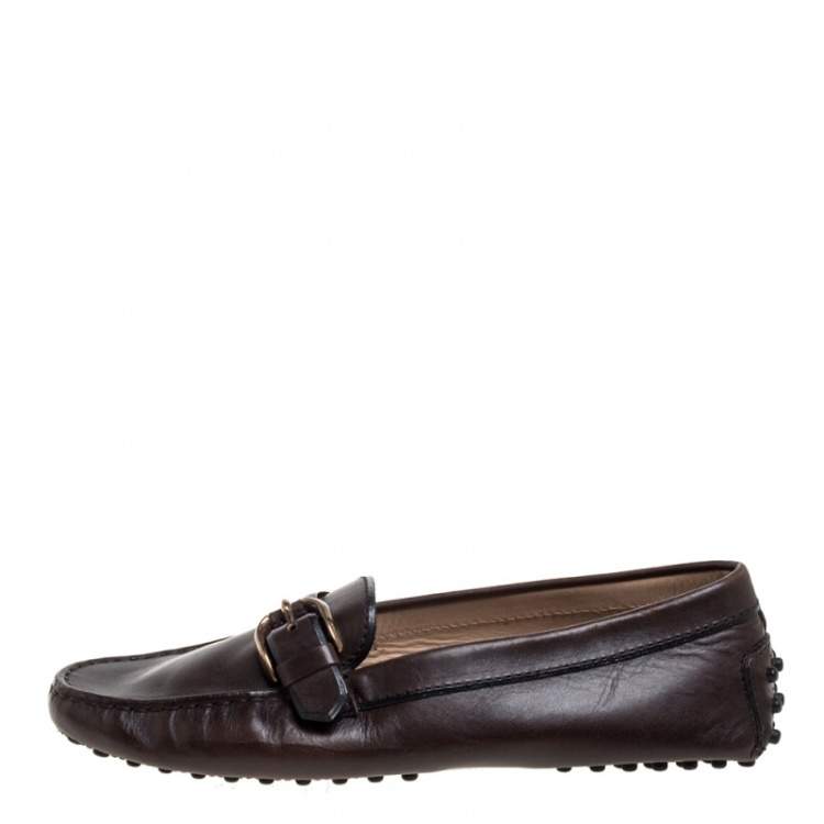 Pre Owned Tod's Dark Brown Leather Buckle Loafers Size 37