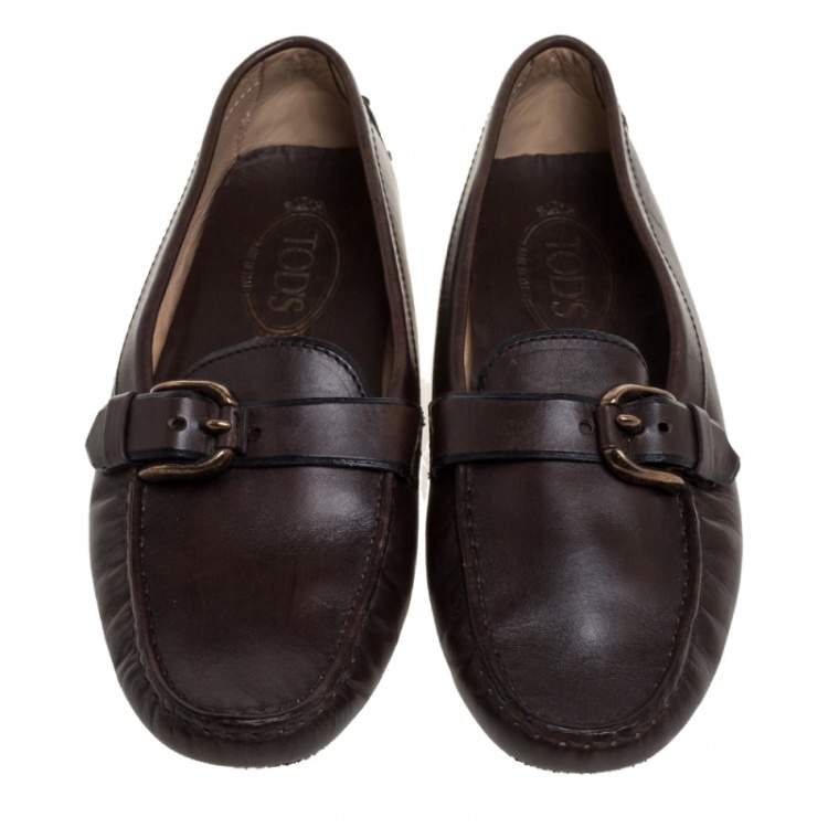 Pre Owned Tod's Dark Brown Leather Buckle Loafers Size 37