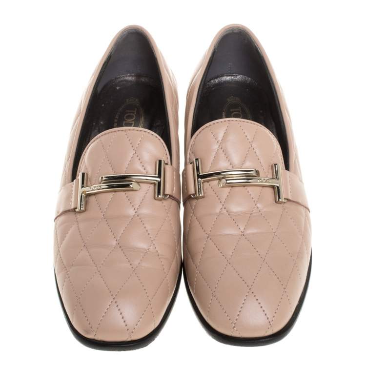 مملوكة مسبقًا Tod's Beige Quilted Leather Double T Loafers Size 37