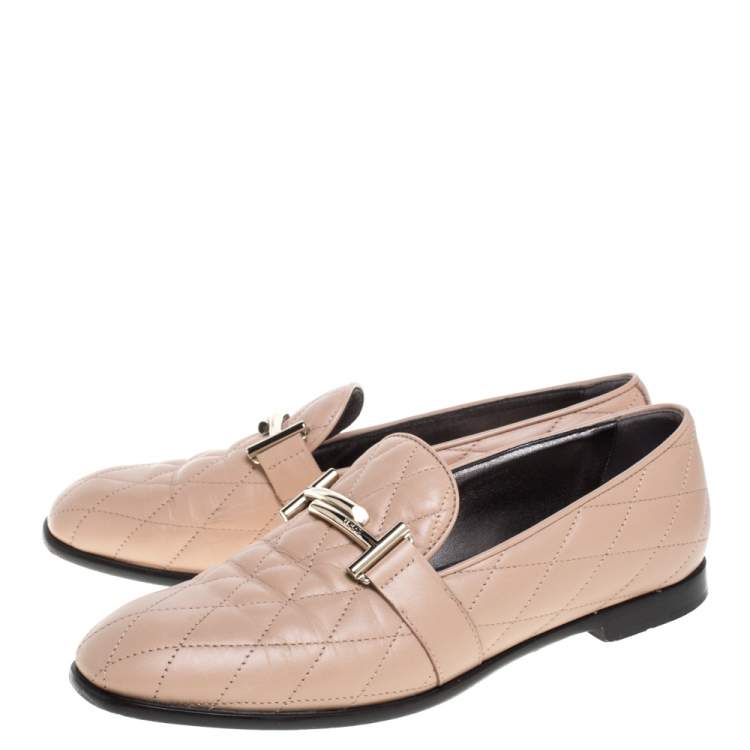مملوكة مسبقًا Tod's Beige Quilted Leather Double T Loafers Size 37