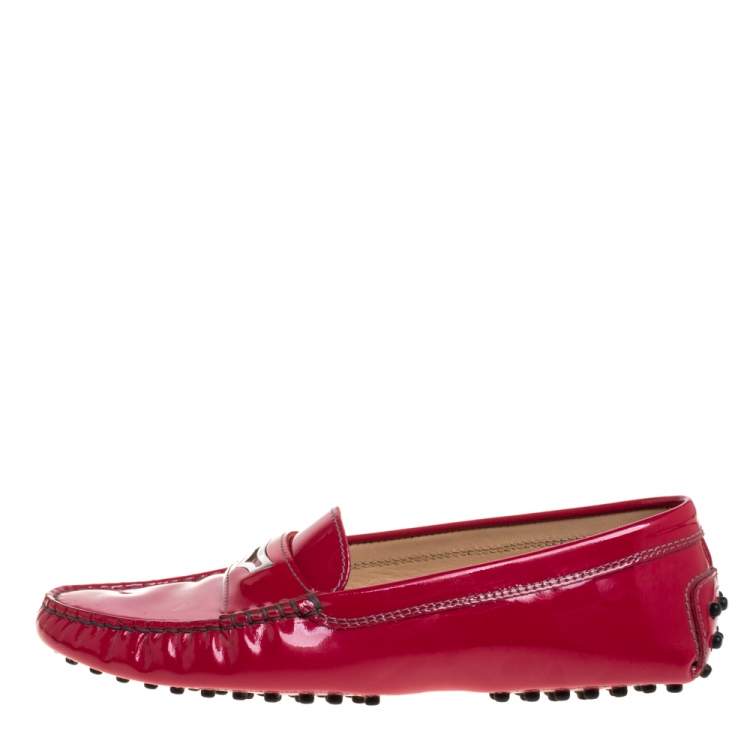 Pre Owned Tod's Fuchsia Pink Patent Leather Penny Slip On Loafers Size 37