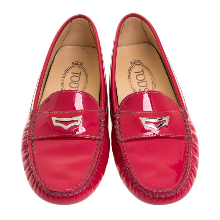 Pre Owned Tod's Fuchsia Pink Patent Leather Penny Slip On Loafers Size 37