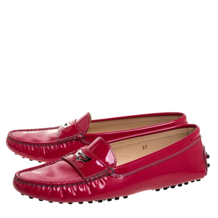 Pre Owned Tod's Fuchsia Pink Patent Leather Penny Slip On Loafers Size 37
