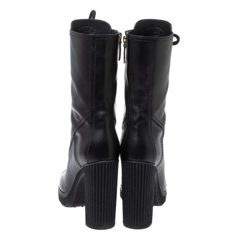 مملوكة مسبقًا Tod's Black Leather Lace Up Block Heel Hiking Mid Length Boots Size 38.5